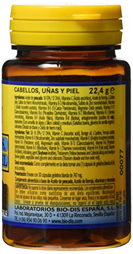 Cabellos uñas & piel 22,4 g. 30 perlas con omega-3, L-cistina, hierro, zinc y vitaminas. Para fortalecer y frenar la caída del cabello y reforzar uñas y piel