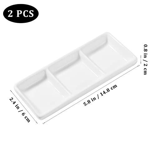 cabilock 2 Piezas 6 Pulgadas Platos de Salsa de Cerámica Blanca Pura 3 Compartimentos Bandeja para Servir Aperitivos Recipientes Rectangulares Divididos para Mojar Alimentos