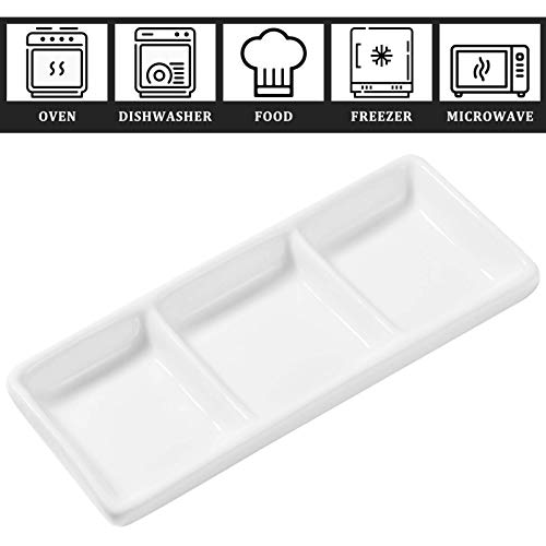 cabilock 2 Piezas 6 Pulgadas Platos de Salsa de Cerámica Blanca Pura 3 Compartimentos Bandeja para Servir Aperitivos Recipientes Rectangulares Divididos para Mojar Alimentos