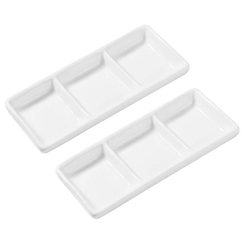 cabilock 2 Piezas 6 Pulgadas Platos de Salsa de Cerámica Blanca Pura 3 Compartimentos Bandeja para Servir Aperitivos Recipientes Rectangulares Divididos para Mojar Alimentos