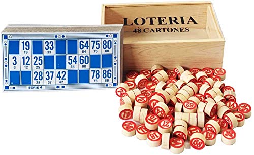 Caja con Lotería de Madera y 48 Cartones y 90 fichas de 2 Caras.