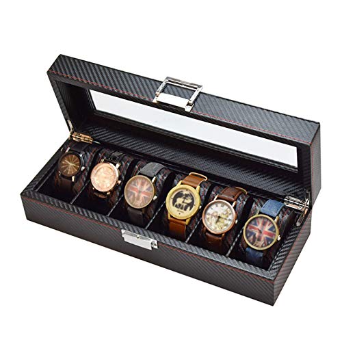 Caja de Almacenamiento de Relojes Estuche para Exhibición de Relojes Cuero Fibra de Carbono Joyería Pulsera Colección Organizador con Tapa de Vidrio (6 Ranuras)