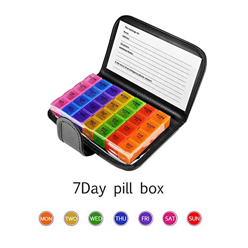 Caja de Pastillas 7 días 28 Compartimentos Pastillero Organizador Semanal Multicolor Dispensador de Medicamentos con Estuche de Cuero para Vitaminas Diarias Suplementos y Medicación