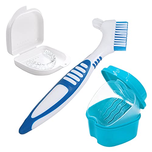 Caja de prótesis,Estuches de baño para prótesis, estuche para aparatos ortopédicos,2 estuches para cepillos pequeños para dentaduras postizas con cepillo de limpieza para dentaduras postizas(3 piezas)