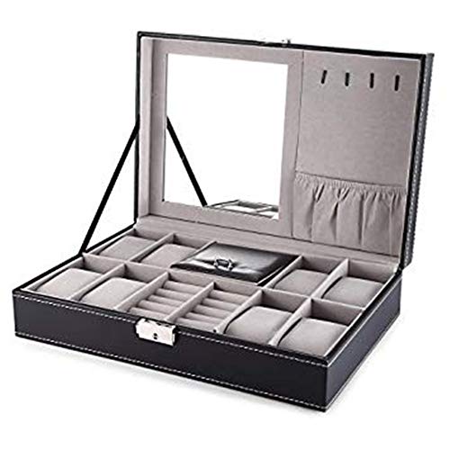 Caja de Reloj Joyero Reloj de madera Exhibición de la joyería Caja de reloj, caja de cuarzo de 8 cuadrículas Hombres Mujeres Bandeja de pulsera Caja de regalo de cuero PU con cerradura y espejo Negro