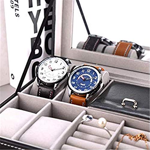 Caja de Reloj Joyero Reloj de madera Exhibición de la joyería Caja de reloj, caja de cuarzo de 8 cuadrículas Hombres Mujeres Bandeja de pulsera Caja de regalo de cuero PU con cerradura y espejo Negro