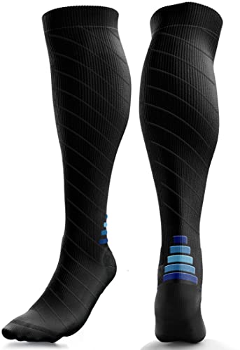 Calcetines de Compresión para Hombres y Mujeres - Medias de Compresion para Deporte - Maratones - Enfermeras - Estrés tibial Interior - Durante Embarazo (L/XL (42-47), Negro/Azul)