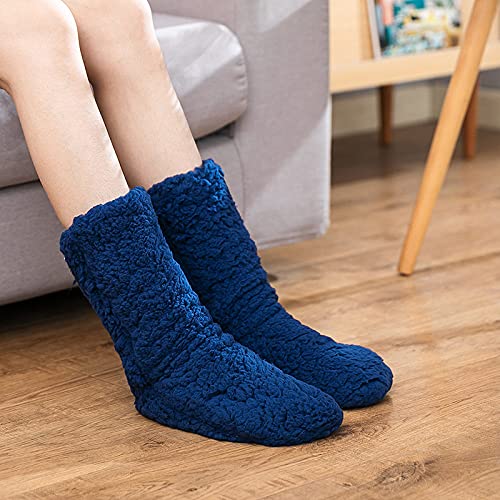 Calcetines De Piso,Zapatillas De Invierno Calcetines Azul Marino Fuzzy Calcetines Antideslizantes Suaves Con Forro Polar Suave Para Mujer Calcetines Gruesos De Casa Con Agarraderas Calcetines De Cam