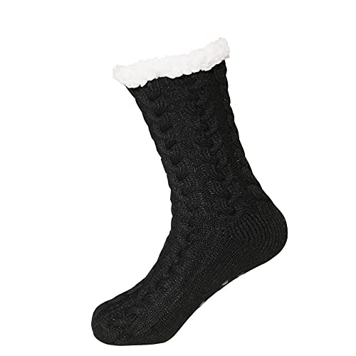 Calcetines De Piso,Zapatillas De Invierno Calcetines Negro Twist Knitted Comfy Calcetines Antideslizantes Forrados De Vellón Cálido Calcetines Gruesos De Casa Con Agarraderas Calcetines De Cama Ca