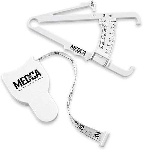 Calibrador de grasa corporal y cinta métrica para el cuerpo Calibradores de piel y cinta métrica herramienta para medir, plegado de piel y pérdida de peso – Nuevo diseño (blanco)