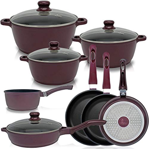 Callaway Bordeaux Batería Cocina Inducción 8 Piezas Aluminio Fundido Antiadherente, Set Cazuelas Tapas Cristal, Sartenes, Cazo, Sartén guisera, Gran Espesor, Vitrocerámica, Gas