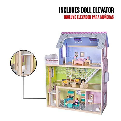 Calma Dragon Casa de Muñecas MTR-1713, de Madera con Muebles y Muñecos Incluidos, Mansion para muñecas, 3 Pisos para muñecas, con Ascensor y Escaleras y 21 Accesorios.