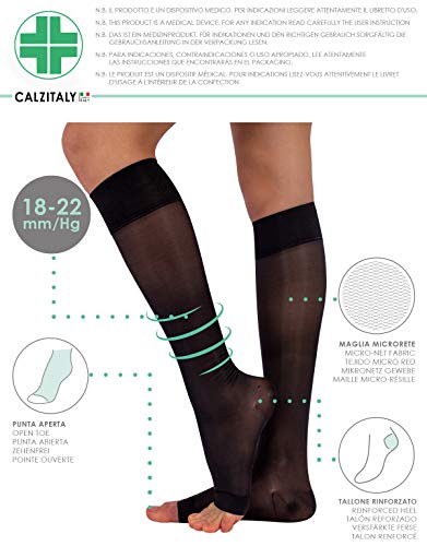 CALZITALY – Medias de compresión con la Punta Abierta, Medias de Descanso hasta la Rodilla | 18-22 mm/Hg | 140 DEN | Negro, Natural | S/M, L/XL | Made in Italy | (L/XL, Negro)