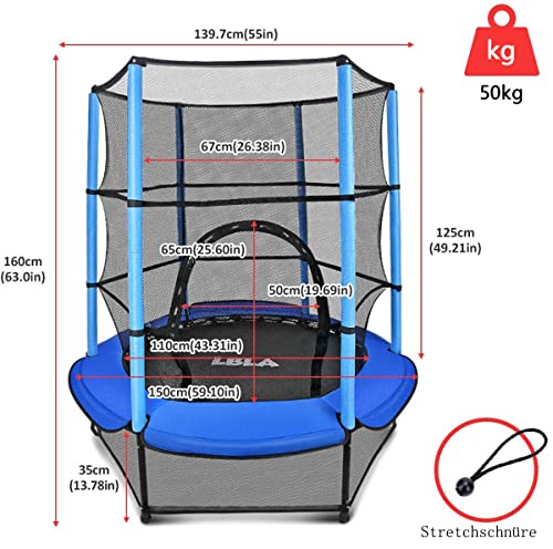 Cama elástica para niños, diámetro de 140 cm, para interior y exterior, cama elástica de jardín con red de seguridad, asa, fitness para niños, niñas a partir de 3, 4, 5, 6 años (azul)