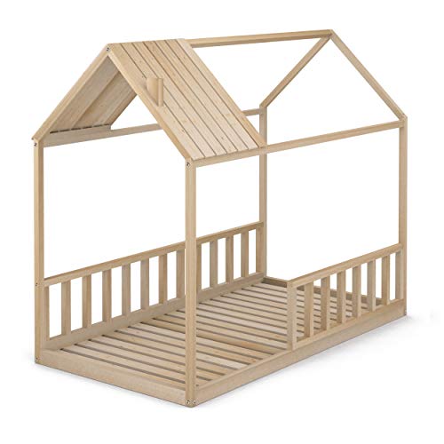 Cama Infantil Tipo Montessori, Casita Madera Natural con Barrera Barandilla, para niño y niña, 90 x 190 cm