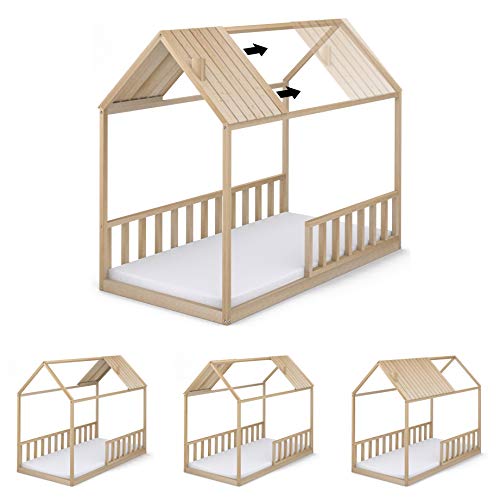 Cama Infantil Tipo Montessori, Casita Madera Natural con Barrera Barandilla, para niño y niña, 90 x 190 cm