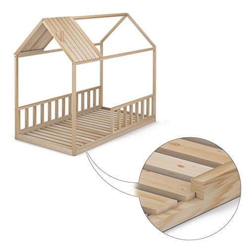 Cama Infantil Tipo Montessori, Casita Madera Natural con Barrera Barandilla, para niño y niña, 90 x 190 cm