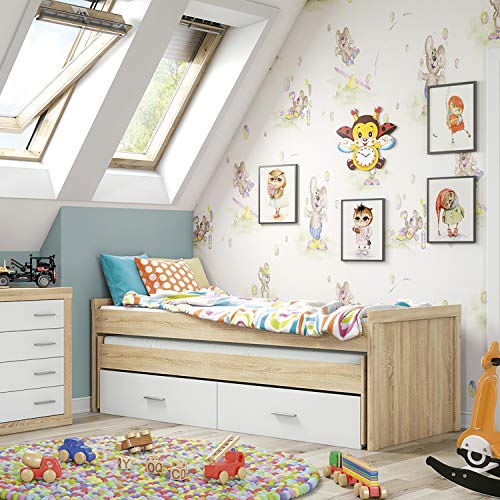 Cama Nido Juvenil con Dos Camas y Dos Cajones, Cama para habitación y/o Dormitorio, Color Cambria y Blanco, Modelo Lara, Medidas: 200,5 cm (Largo) x 98 cm (Ancho) x 72 cm (Alto)