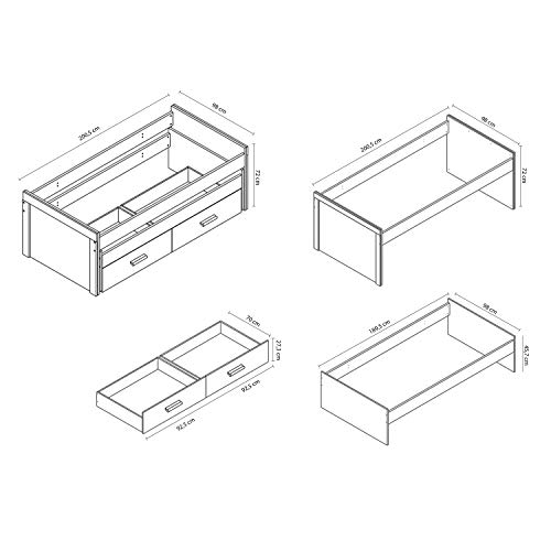 Cama Nido Juvenil con Dos Camas y Dos Cajones, Cama para habitación y/o Dormitorio, Color Cambria y Blanco, Modelo Lara, Medidas: 200,5 cm (Largo) x 98 cm (Ancho) x 72 cm (Alto)