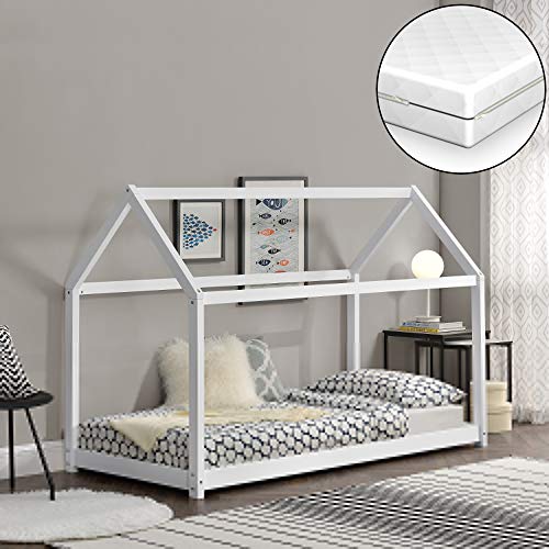 Cama para niños de Madera Pino con Colchón Ortopédico 80 x 160 cm Cama Infantil Forma de casa Blanco Mate