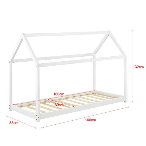 Cama para niños de Madera Pino con Colchón Ortopédico 80 x 160 cm Cama Infantil Forma de casa Blanco Mate