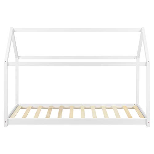 Cama para niños de Madera Pino con Colchón Ortopédico 80 x 160 cm Cama Infantil Forma de casa Blanco Mate