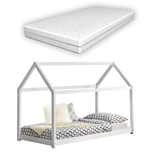 Cama para niños de Madera Pino con Colchón Ortopédico 80 x 160 cm Cama Infantil Forma de casa Blanco Mate