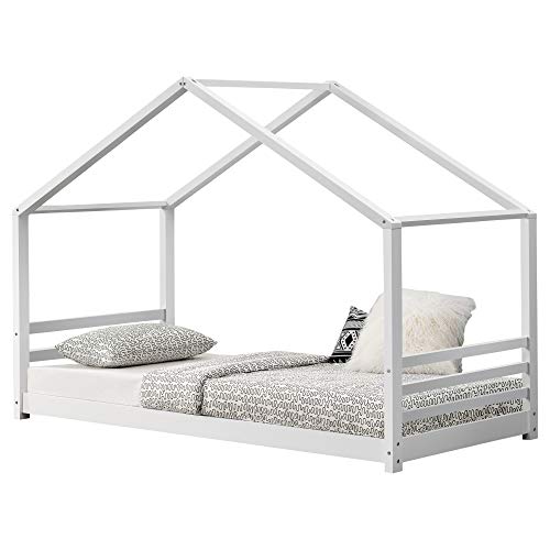 Cama para niños de Pino 200 x 90 cm Cama Infantil Forma de casa Blanco Mate