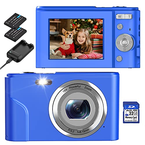 Cámara Digital, BRIHIEVY FHD 1080P 36MP 2.4 Pulgadas LCD Cámara Compacta Recargable con Tarjeta SD De 32GB Zoom Digital 16X, Cámara Digital para Niños Adolescentes Adultos -Azul