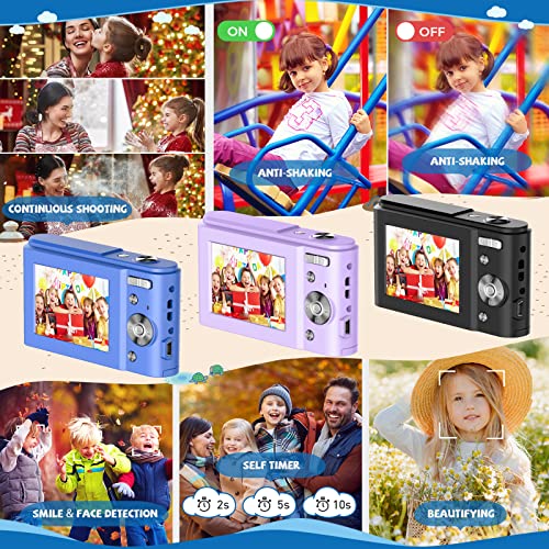 Cámara Digital, BRIHIEVY FHD 1080P 36MP 2.4 Pulgadas LCD Cámara Compacta Recargable con Tarjeta SD De 32GB Zoom Digital 16X, Cámara Digital para Niños Adolescentes Adultos -Azul