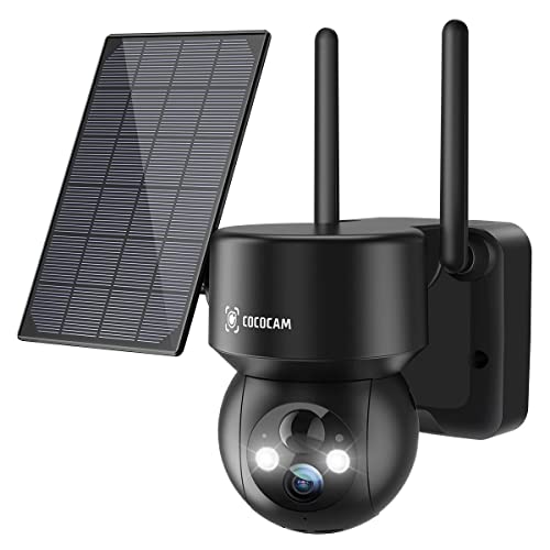 Cámara Vigilancia WiFi Exterior Solar con Foco Iluminación, COCOCAM Cámara Vigilancia Batería 15000mAh, Visión Nocturna Color, PIR Detección Humana, Audio Bidireccional, Almacenamiento SD/en la Nube