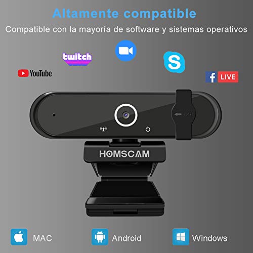 Cámara Web, HOMSCAM Webcam Enfoque Automático con Micrófono Estéreo 1080P HD Webcam de Ordenador Enchufable para Grabaciones y Emisiones con USB para Videoconferencias/Videollamadas/Videojuegos