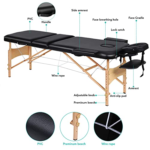 Camilla de masaje, spa, cama de masaje, 3 secciones, patas de madera ajustables, fácil instalación, reposacabezas ergonómico, con bolsa de transporte, para el cuidado del rostro