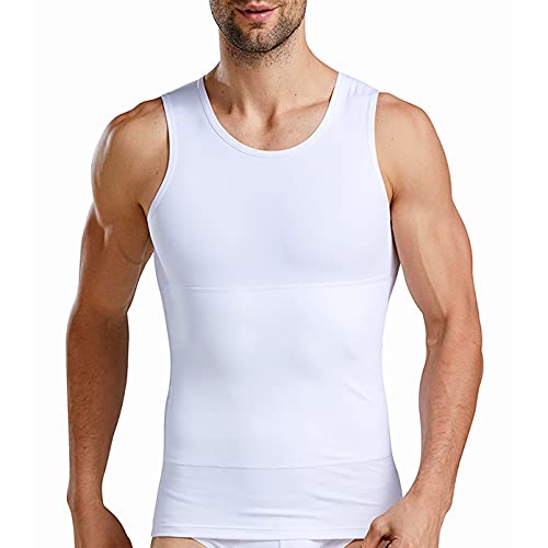 Camiseta Reductora Hombre Compresión, Camisetas Interiores Tirantes, Fajas Moldeadora Adelgazantes - Alta Elasticidad para Comprimir Pecho Abdomen y Cintura (Blanco, XL)