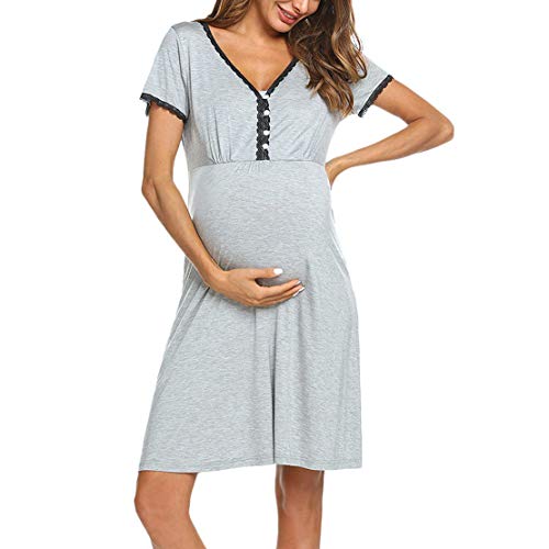 Camisón Lactancia Pijama Embarazada Algodón Ropa para Dormir Premamá Manga Corta Verano Camison Maternidad para Parto Camisones/L