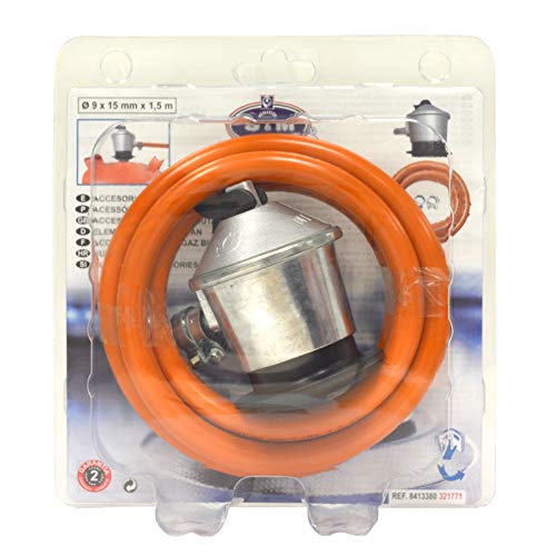 CAMPINGAZ Estufa de Gas CR 5000 Thermo Burdeos, Estufa Portátil con Ruedas + S&M 321771 Regulador de Gas Butano Goma M + 2 Abraz, Gris/Naranja, 1,5 Metros de Tubo