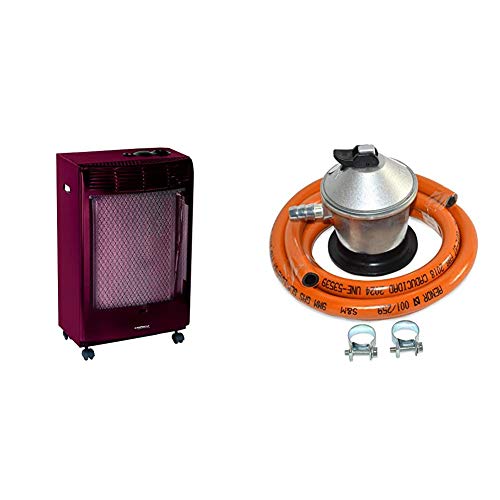 CAMPINGAZ Estufa de Gas CR 5000 Thermo Burdeos, Estufa Portátil con Ruedas + S&M 321771 Regulador de Gas Butano Goma M + 2 Abraz, Gris/Naranja, 1,5 Metros de Tubo