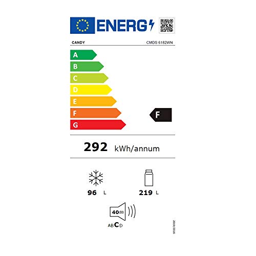 Candy CMDS6182WN, Frigorífico combi, 315l, Altura 1,85m, Puertas reversibles, Tiradores integrados, Luces led, Clase F, Blanco