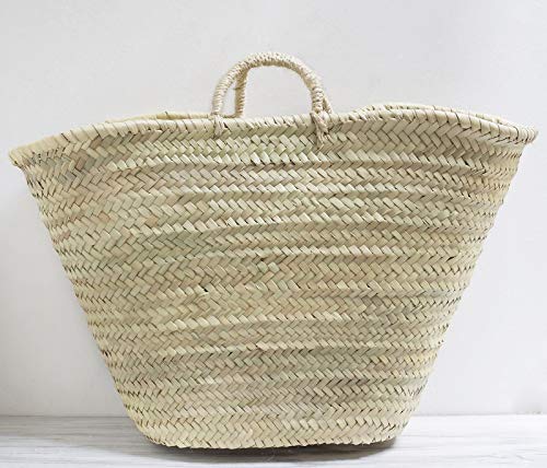 Capazo de Palma Básico, con Asas Corta de Pita. Cesto o Bolso de Mimbre para la Playa, Fibras Naturales. (10V, Aprox. 51x31 cm)