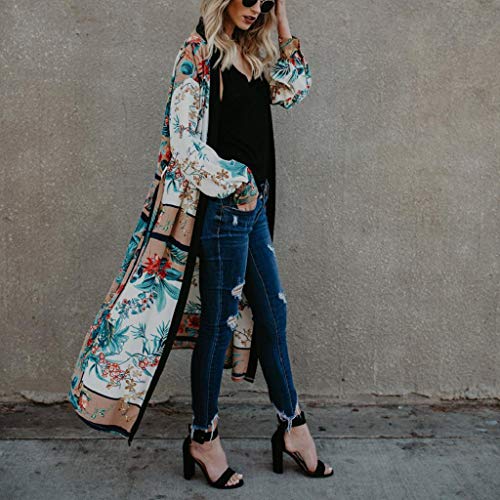 Cardigans Mujer Kimono 2019 Nuevo SHOBDW Pareos Manga Larga Cardigans Mujer Flores Boho Vendaje Playa de Verano Cardigans Mujer Largo Cover Up Suelto Tops Blusa Tallas Grandes S-3XL(Verde,XL)