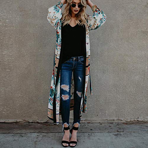 Cardigans Mujer Kimono 2019 Nuevo SHOBDW Pareos Manga Larga Cardigans Mujer Flores Boho Vendaje Playa de Verano Cardigans Mujer Largo Cover Up Suelto Tops Blusa Tallas Grandes S-3XL(Verde,XL)