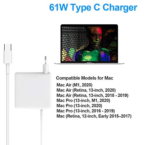 Cargador de 61W Compatible con Mac Book Pro Air, Cargador USB Tipo C de 61W para Mac Book 2016 2017 2018 2019 2020 Pro o Air y Otros teléfonos/Almohadillas/portátiles de Tipo C