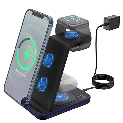 Cargador inalámbrico Rápido, ZHIKE 3 en 1 Qi Estación de Carga Inductiva Soportes de Carga de para Apple Watch Series 7/6/5/4/3/2/SE, iPhone 13 12 11 Pro Max, Airpods 3/2/pro (con QC3.0 adaptador)