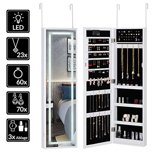 CASARIA Espejo Joyero Armario Blanco para Joyas Puertas Pared Luces LED 110x31,5x9cm Organizador bisutería