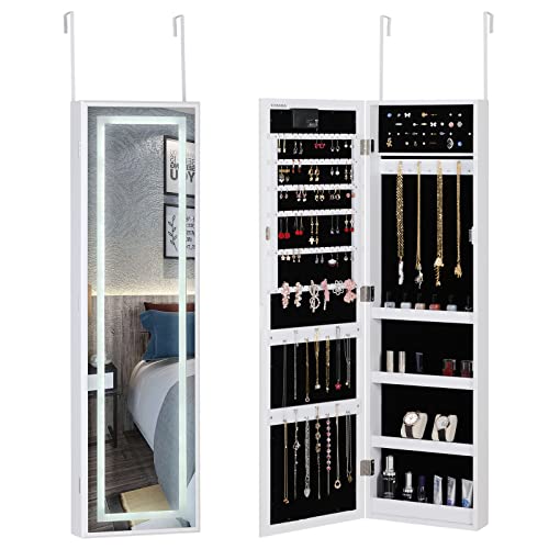 CASARIA Espejo Joyero Armario Blanco para Joyas Puertas Pared Luces LED 110x31,5x9cm Organizador bisutería