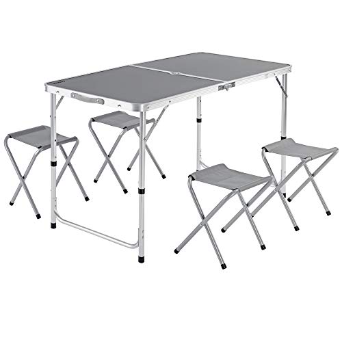 Casaria Mesa de Aluminio Plegable XXL 4 taburetes Plegables función de Maleta Camping Transporte fácil Gris jardín