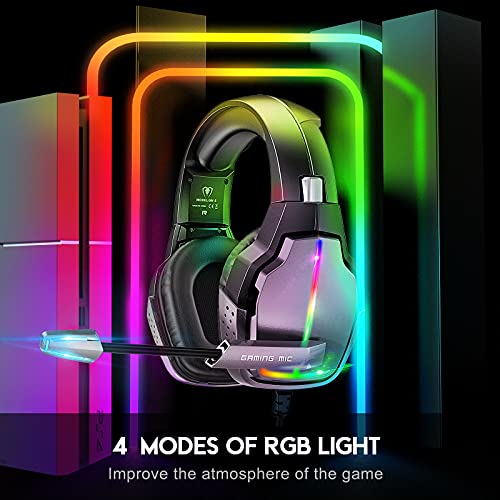 Cascos Gaming PS4, Giratorio de 90° y 4 Modos de Iluminación RGB Auriculares Gaming, Transductores 50mm, Micrófono con Premium Estéreo, Compatibles con PS4, PS5, Xbox One, PC, Switch