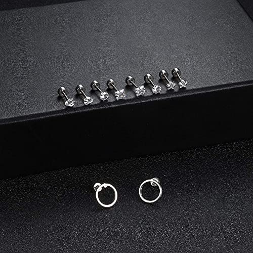 CASSIECA 18 Pares Pendientes Cartílago Oreja de Acero Inoxidable para Mujeres Hombres Pendientes Corazon Estrellas Luna Flor CZ Piercing Conch Tragus Helix Piercing Joyería