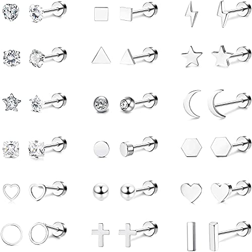 CASSIECA 18 Pares Pendientes Cartílago Oreja de Acero Inoxidable para Mujeres Hombres Pendientes Corazon Estrellas Luna Flor CZ Piercing Conch Tragus Helix Piercing Joyería