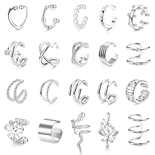 CASSIECA 20Pcs Clips de Oreja Puño de Oreja Clip sin Perforación Pendientes de Cartílago para Hombres y Mujeres No Piercing Pendientes Aro de Oreja sin Perforación Puños de Oreja Clips de Cartílago